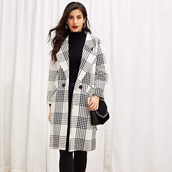 SHEIN Self Tie Plaid Pocket Black and White Coat - Picture 5 of 10